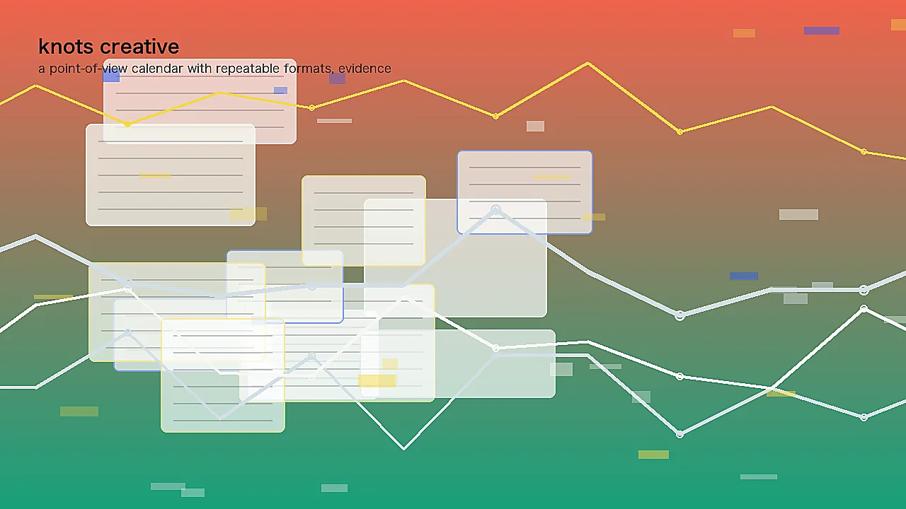 a point-of-view calendar with repeatable formats, evidence standards and distribution paths represented as an editorial design workspace